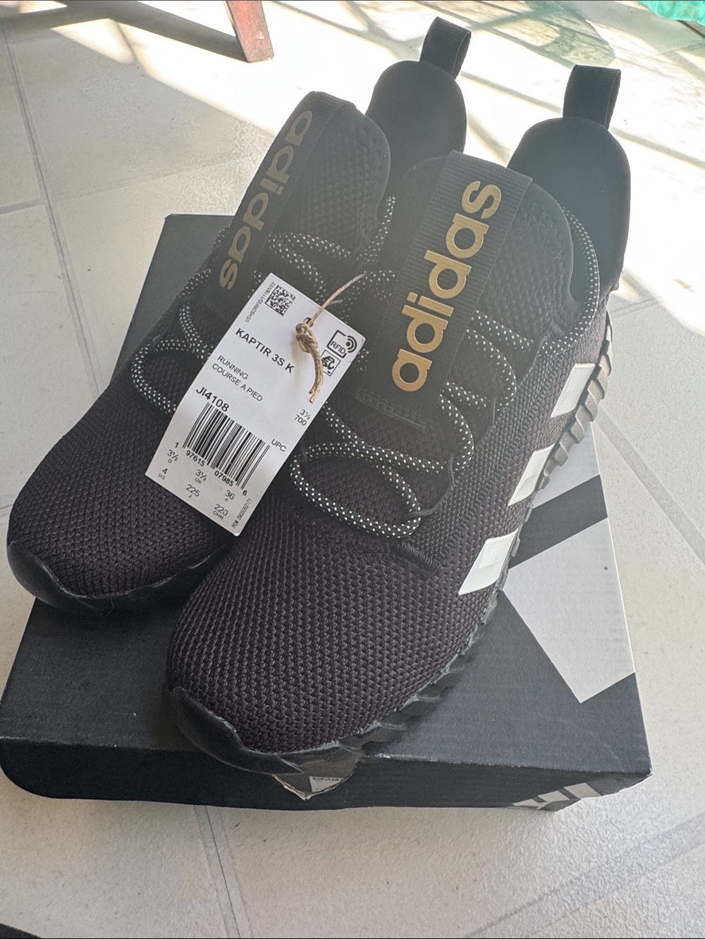 adidas Kaptir Black Sneakers with White Stripes and Gold Logo NWT and Box